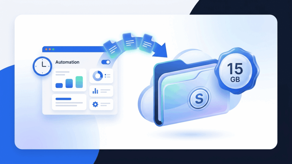Automated WordPress backup to Google Drive cloud folder with 15 GB free storage badge